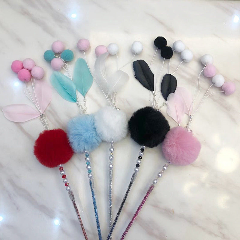 Candy Color Feather Cat Teaser Wand with Pom Poms