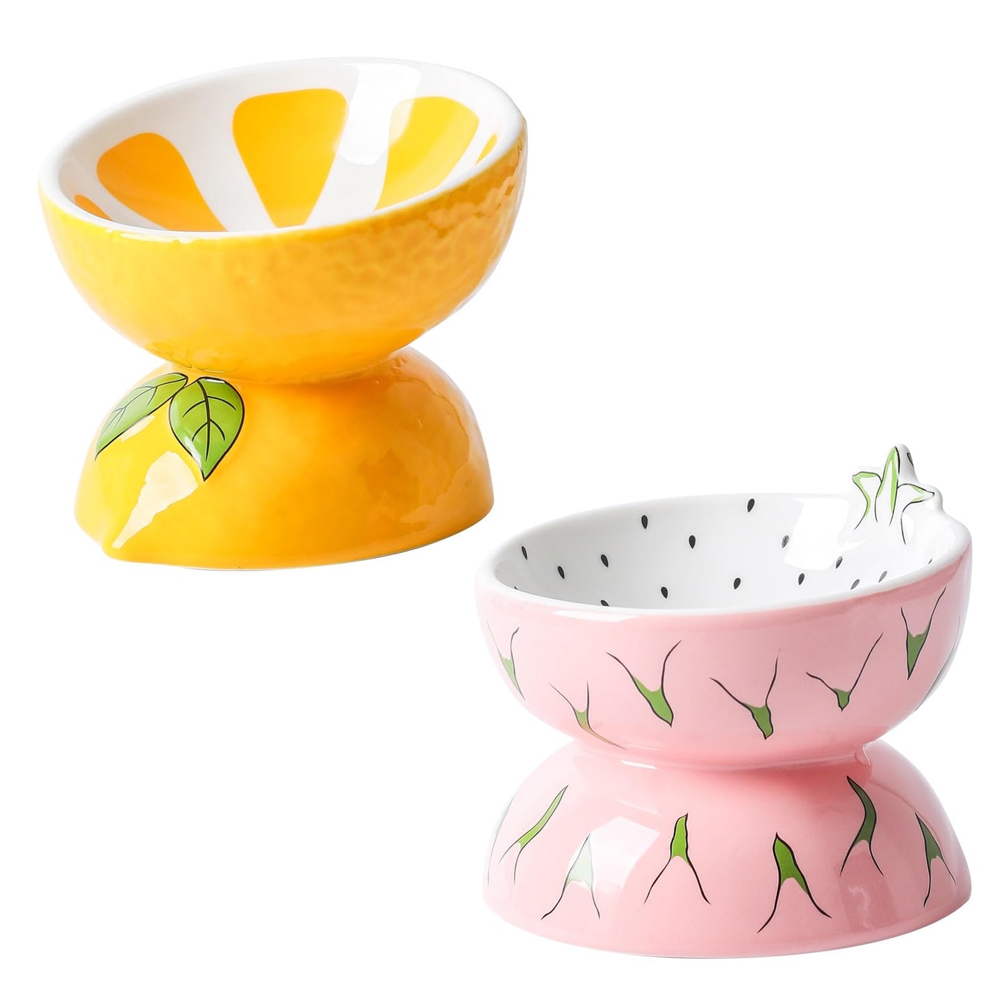 Hamiledyi Ceramic Raised Cat Bowl Anti Vomiting Elevated Tilted Cat Food & Water Bowls 2PCS Pet Feeder Dish for Indoor Cats and Small Dogs(Lemons & Pitaya).