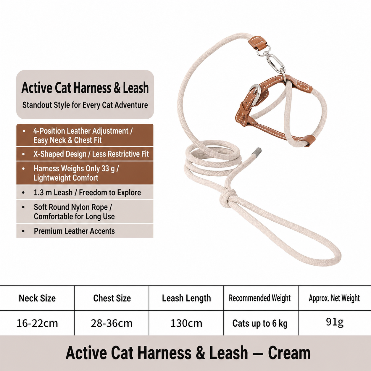HiDREAM X-Shape Cat Harness & Leash Set | Escape-Proof, Lightweight 33g with Leather Buckle