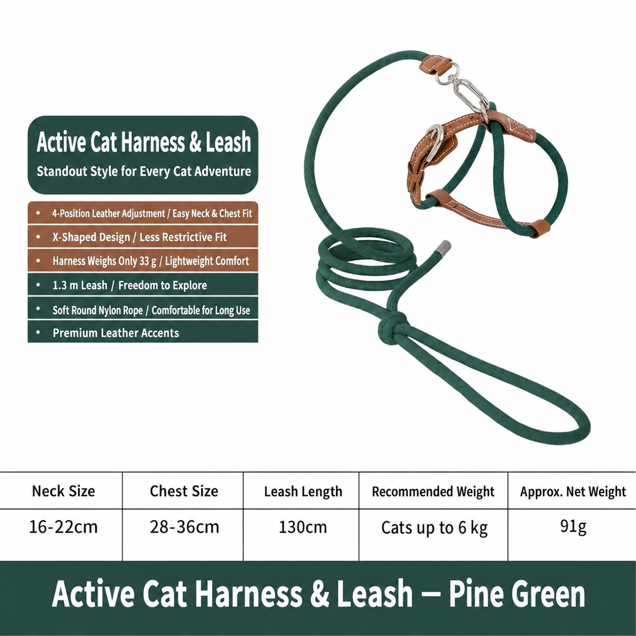 HiDREAM X-Shape Cat Harness & Leash Set | Escape-Proof, Lightweight 33g with Leather Buckle