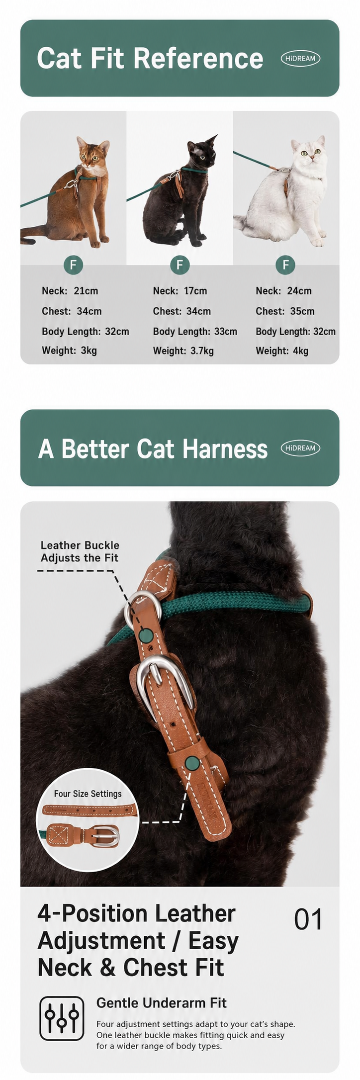 HiDREAM X-Shape Cat Harness & Leash Set | Escape-Proof, Lightweight 33g with Leather Buckle
