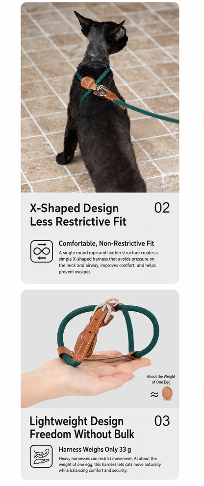 HiDREAM X-Shape Cat Harness & Leash Set | Escape-Proof, Lightweight 33g with Leather Buckle