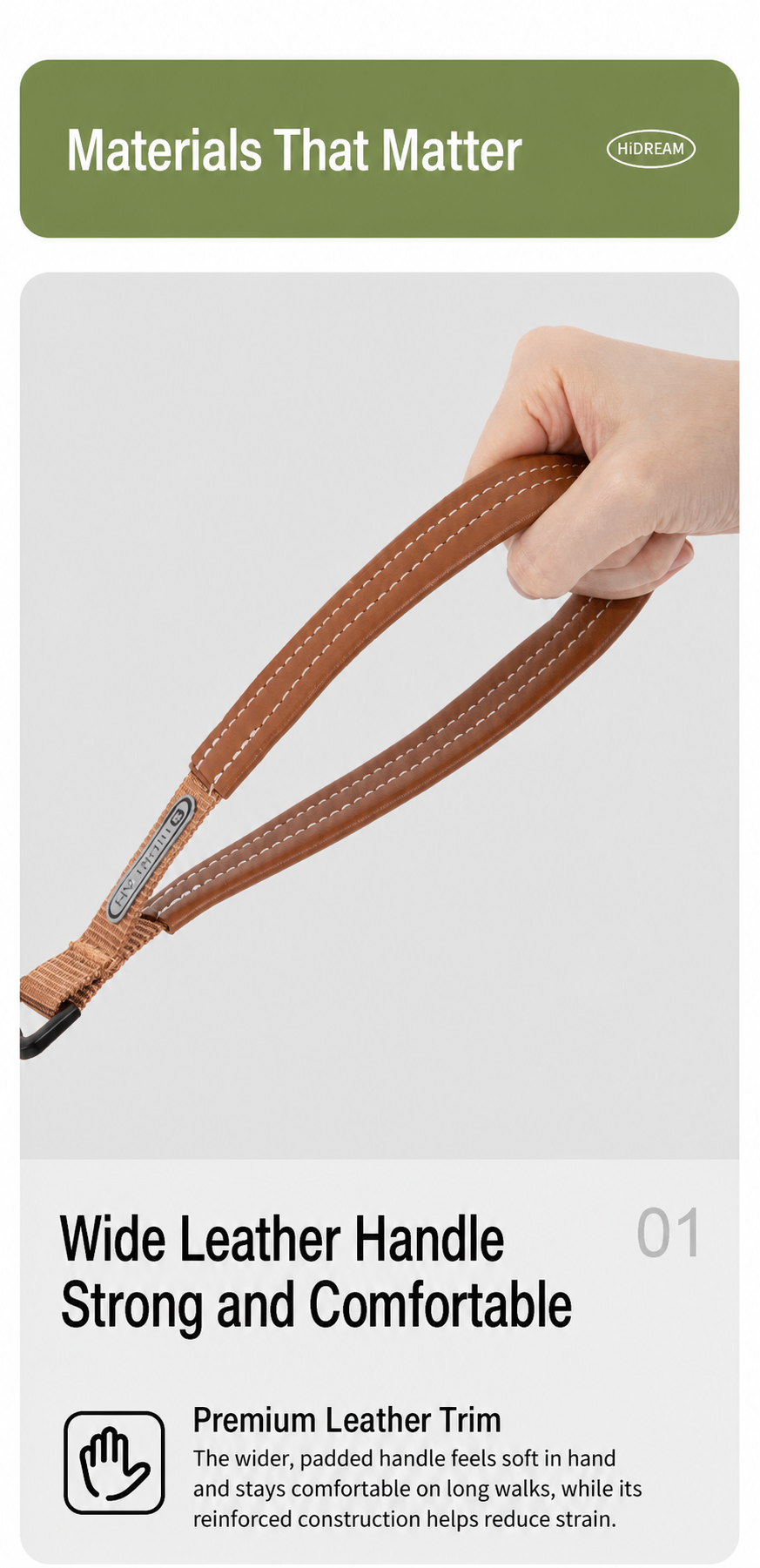 HiDREAM Dual-Stopper Slip Lead | Anti-Choke Dog Leash with Leather Handle & 360° Swivel Clip