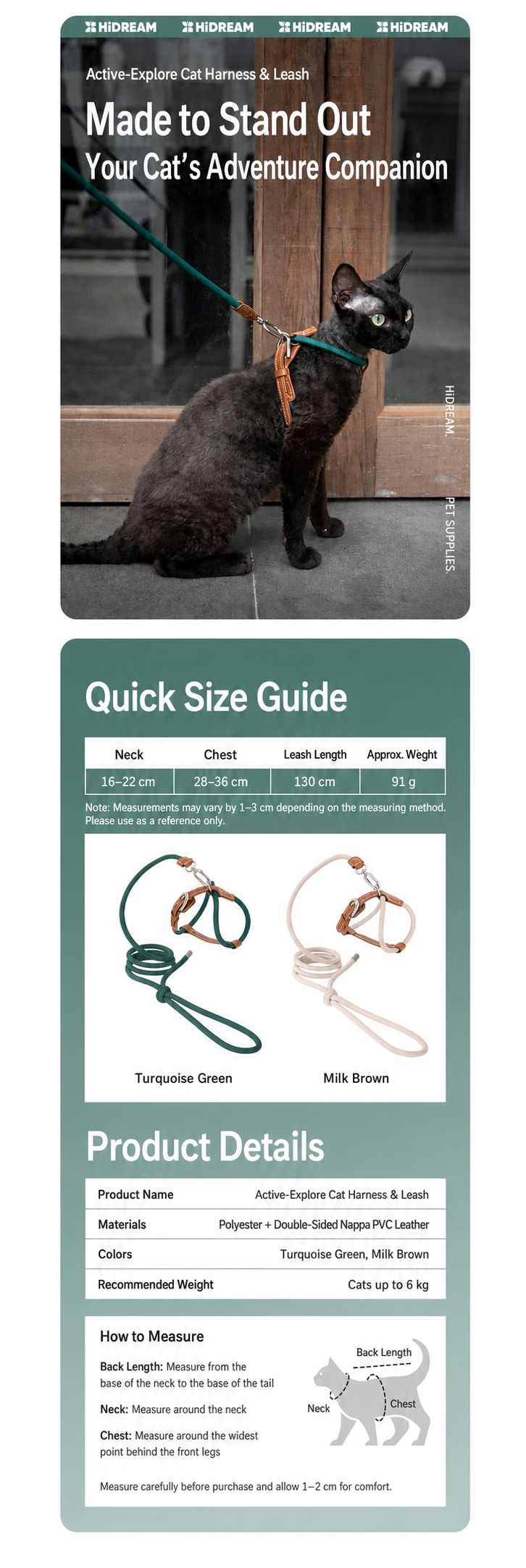 HiDREAM X-Shape Cat Harness & Leash — Escape-Proof, 33g