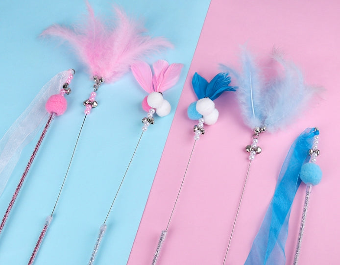 Three-Color Pom Pom Feather Cat Teaser Wand