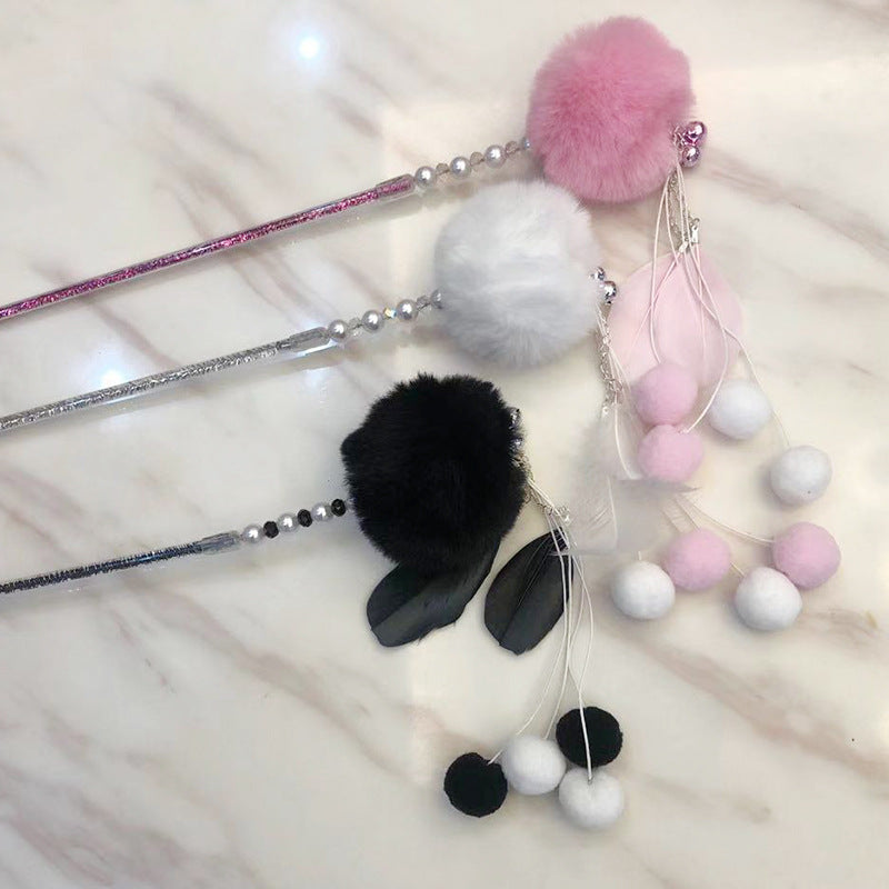 Candy Color Feather Cat Teaser Wand with Pom Poms