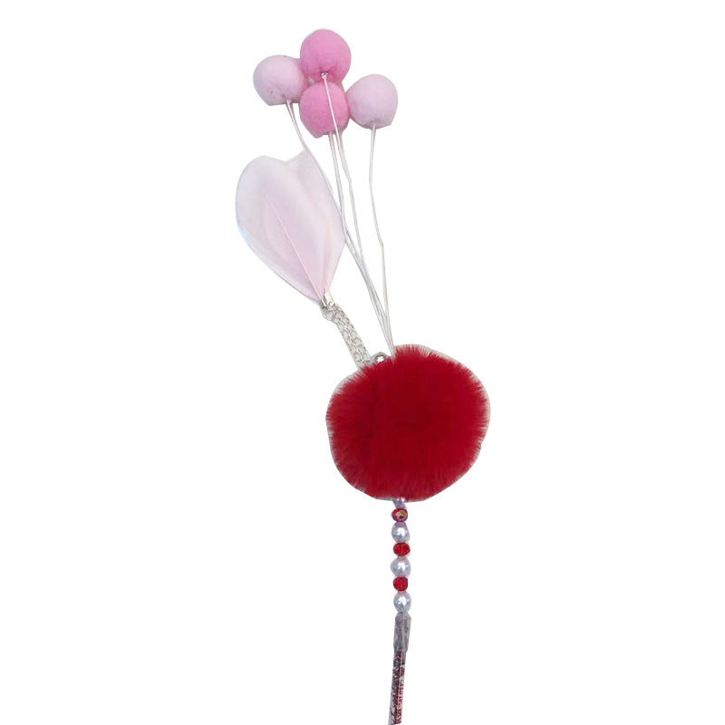 Candy Color Feather Cat Teaser Wand with Pom Poms