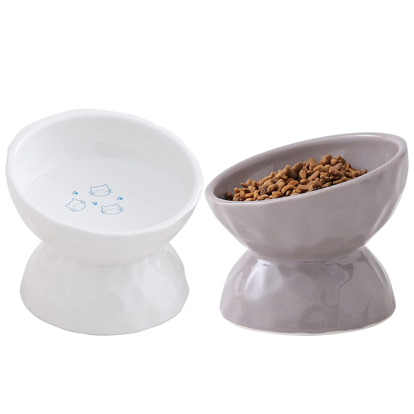 AOMRYOM Raised Cat Food Bowl Ceramic Elevated Tilted Cat Bowls for Food and Water Pet Bowl Dish Set for Cats and Small Dogs Protect Cats Spine White & Grey Set of 2