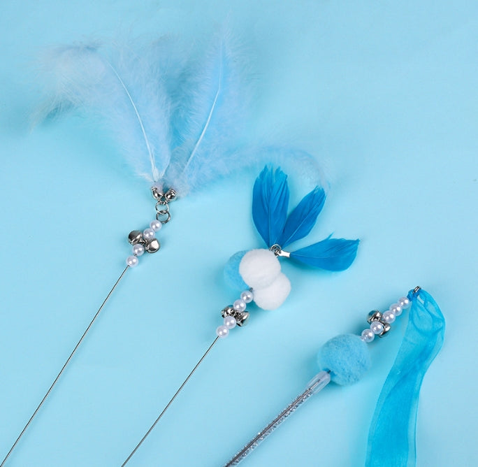 Three-Color Pom Pom Feather Cat Teaser Wand